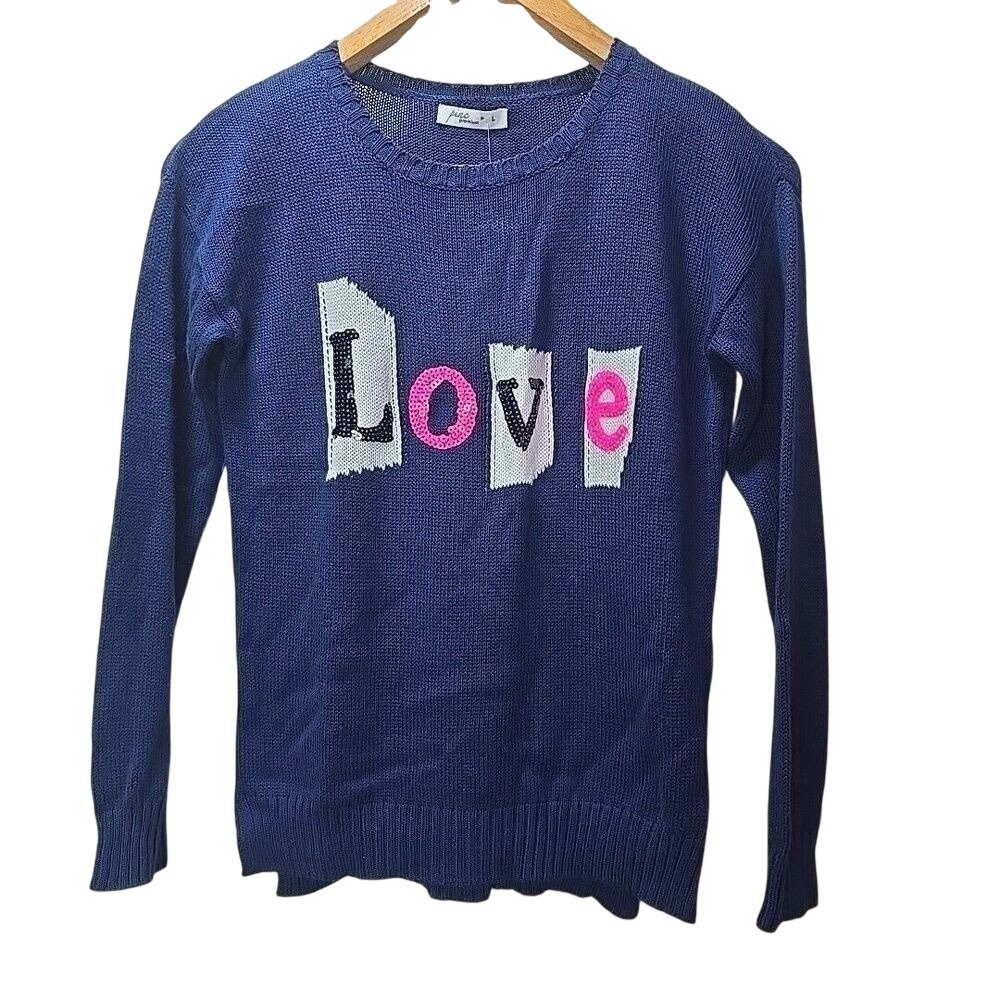 Pinc‎ Premium Love Graphic Sequin Sweater Girls L Navy Blue Knit NWT Bold Preppy